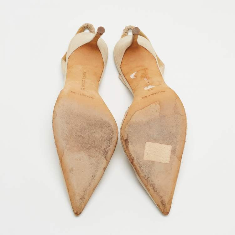 Pre Owned Manolo Blahnik Beige Suede and Lace Carolyne Slingback Pumps Size 37
