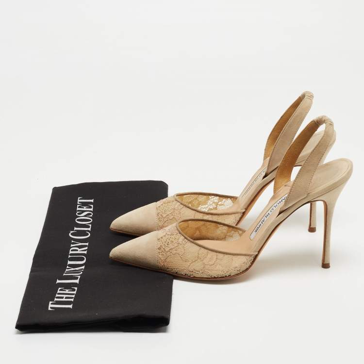 Pre Owned Manolo Blahnik Beige Suede and Lace Carolyne Slingback Pumps Size 37