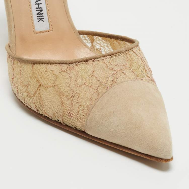 Pre Owned Manolo Blahnik Beige Suede and Lace Carolyne Slingback Pumps Size 37