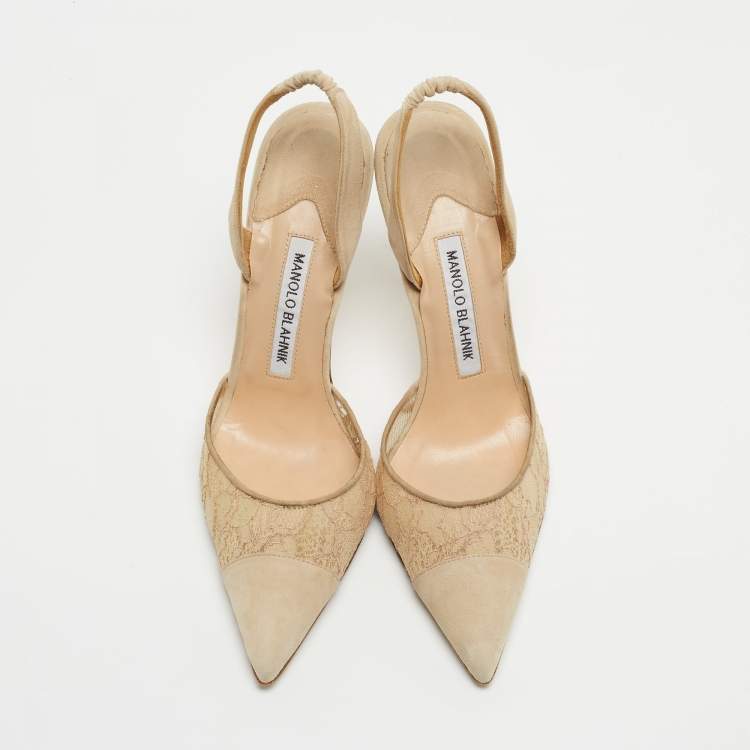 Pre Owned Manolo Blahnik Beige Suede and Lace Carolyne Slingback Pumps Size 37