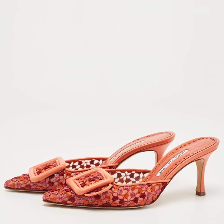 Manolo Blahnik Tricolor Embroidered Fabric Maysale Mules