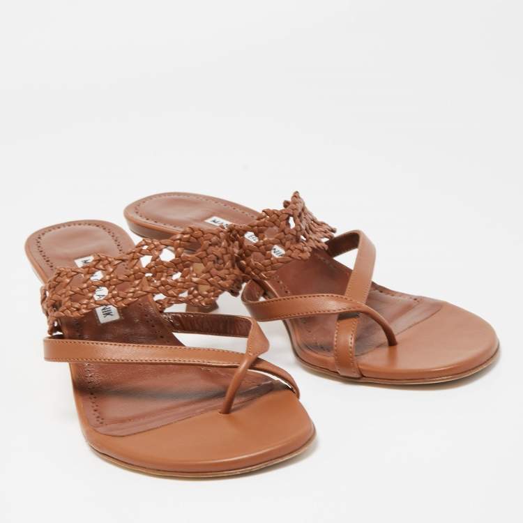 Pre Owned Manolo Blahnik Brown Braided Leather Susa Sandals Size 38