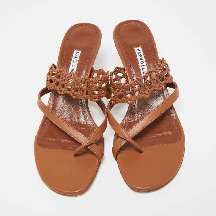 Pre Owned Manolo Blahnik Brown Braided Leather Susa Sandals Size 38