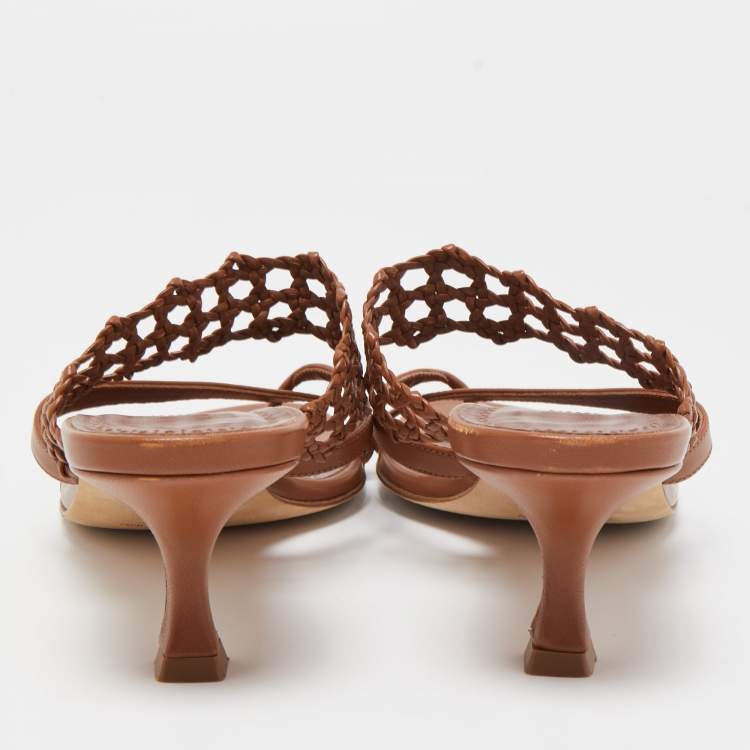 Pre Owned Manolo Blahnik Brown Braided Leather Susa Sandals Size 38