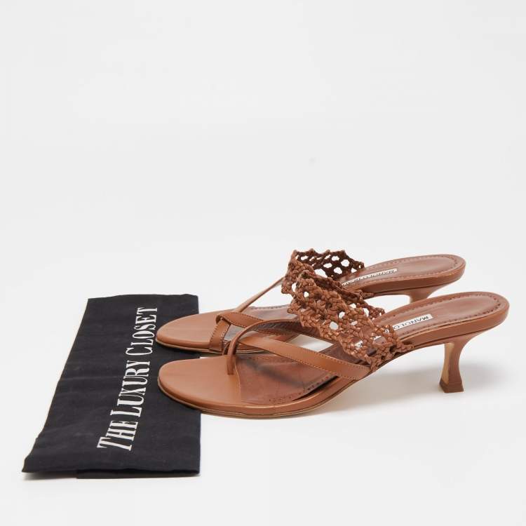 Pre Owned Manolo Blahnik Brown Braided Leather Susa Sandals Size 38