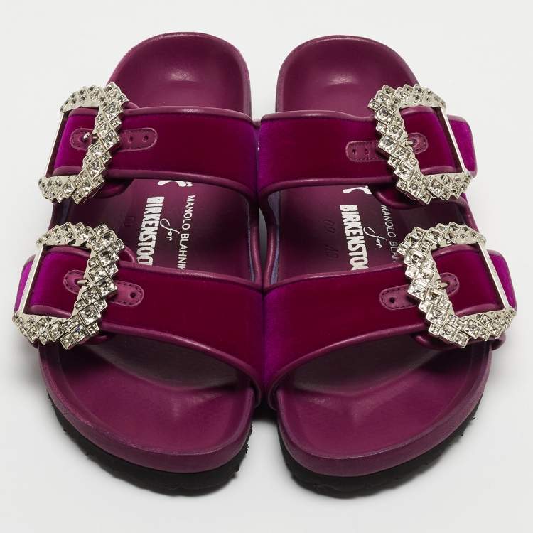 Pre Owned Manolo Blahnik x Birkenstock Purple Velvet Crystal Embellished Arizona Slides Size 36