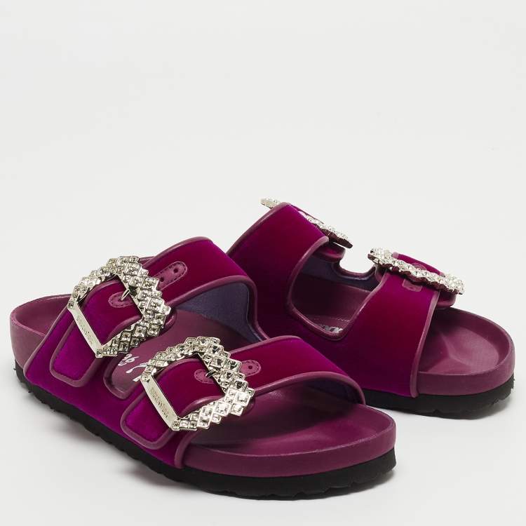 Pre Owned Manolo Blahnik x Birkenstock Purple Velvet Crystal Embellished Arizona Slides Size 36