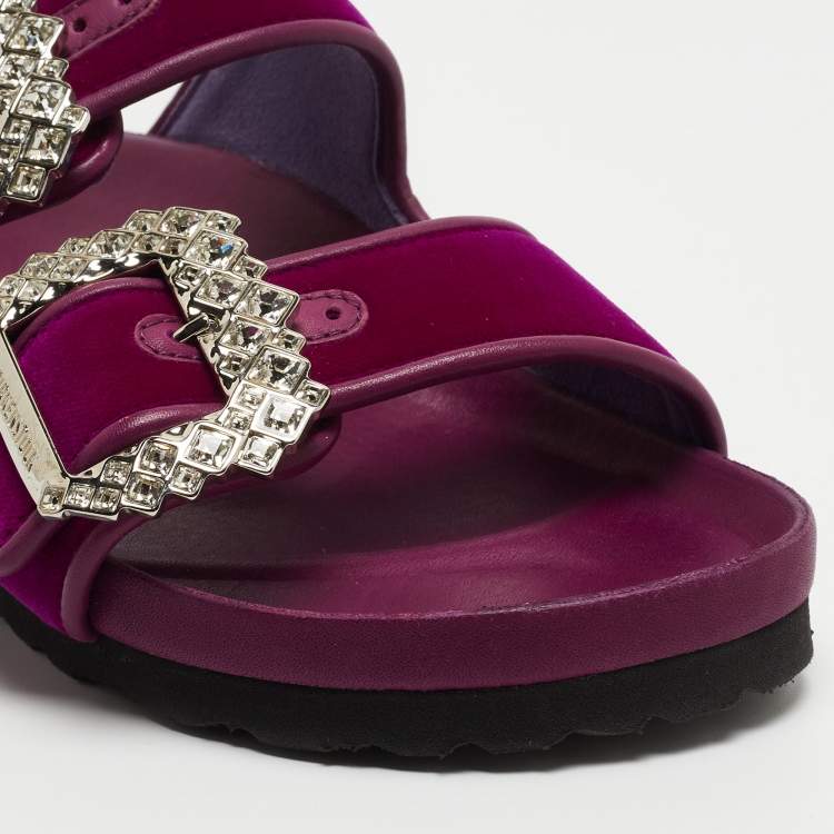 Pre Owned Manolo Blahnik x Birkenstock Purple Velvet Crystal Embellished Arizona Slides Size 36