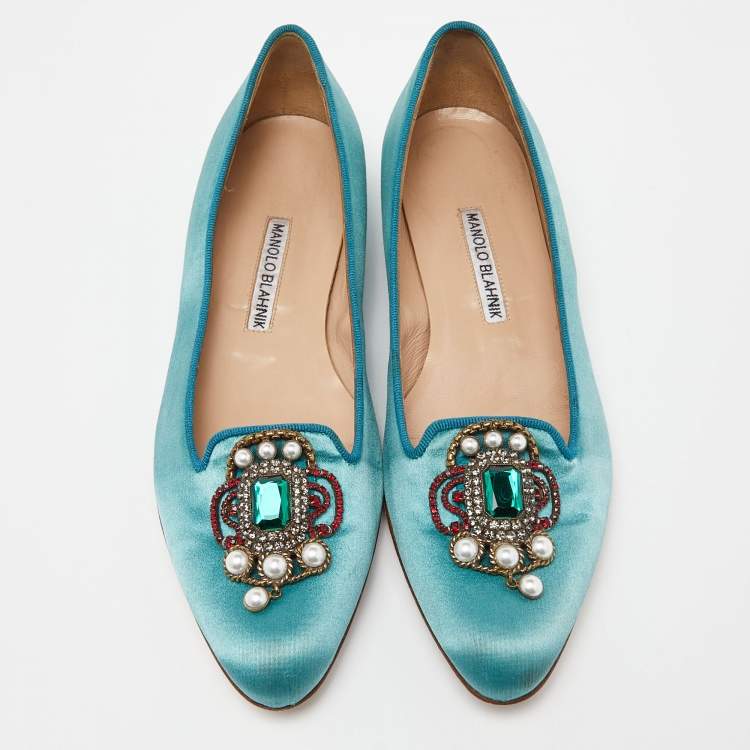 مملوكة مسبقًا Manolo Blahnik Turquoise Satin Embellished Ballet Flats Size 38