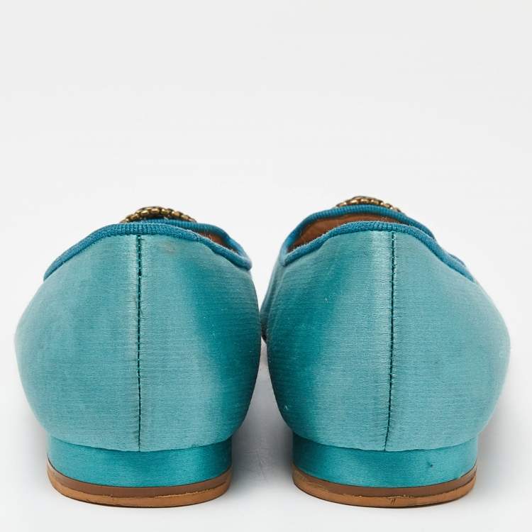 مملوكة مسبقًا Manolo Blahnik Turquoise Satin Embellished Ballet Flats Size 38