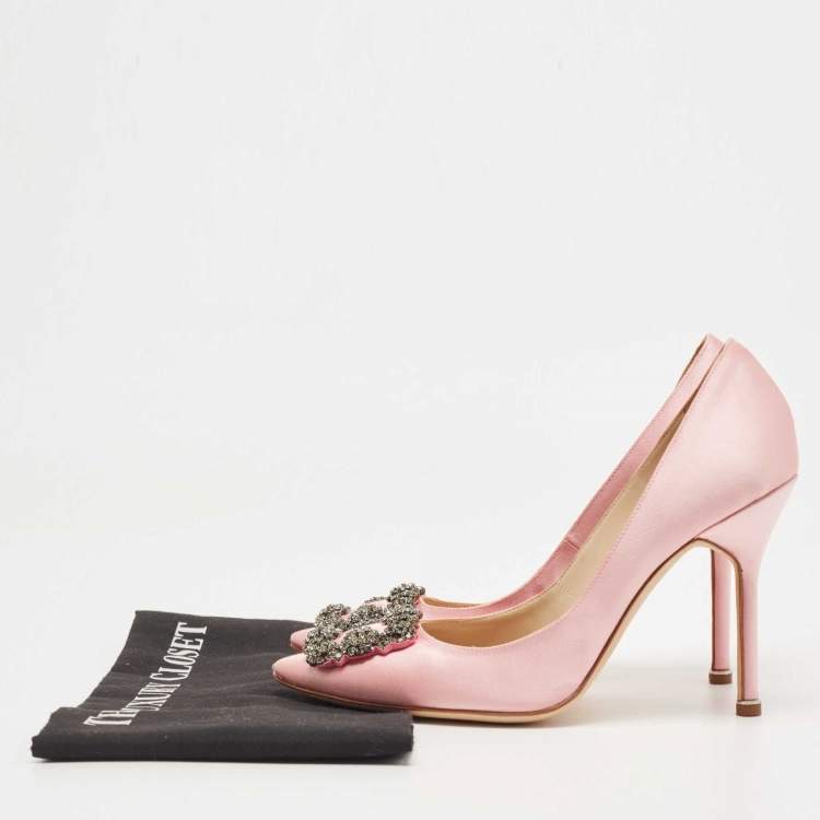 Pre Owned Manolo Blahnik Pink Satin Hangisi Crystal Embellished Pointed Toe Pumps Size 38