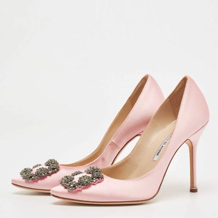 Pre Owned Manolo Blahnik Pink Satin Hangisi Crystal Embellished Pointed Toe Pumps Size 38