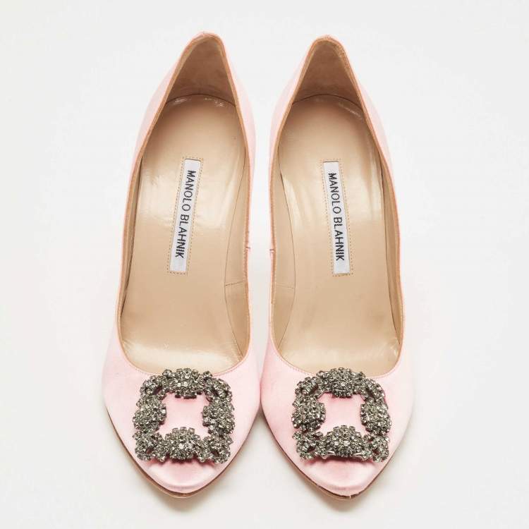 Pre Owned Manolo Blahnik Pink Satin Hangisi Crystal Embellished Pointed Toe Pumps Size 38