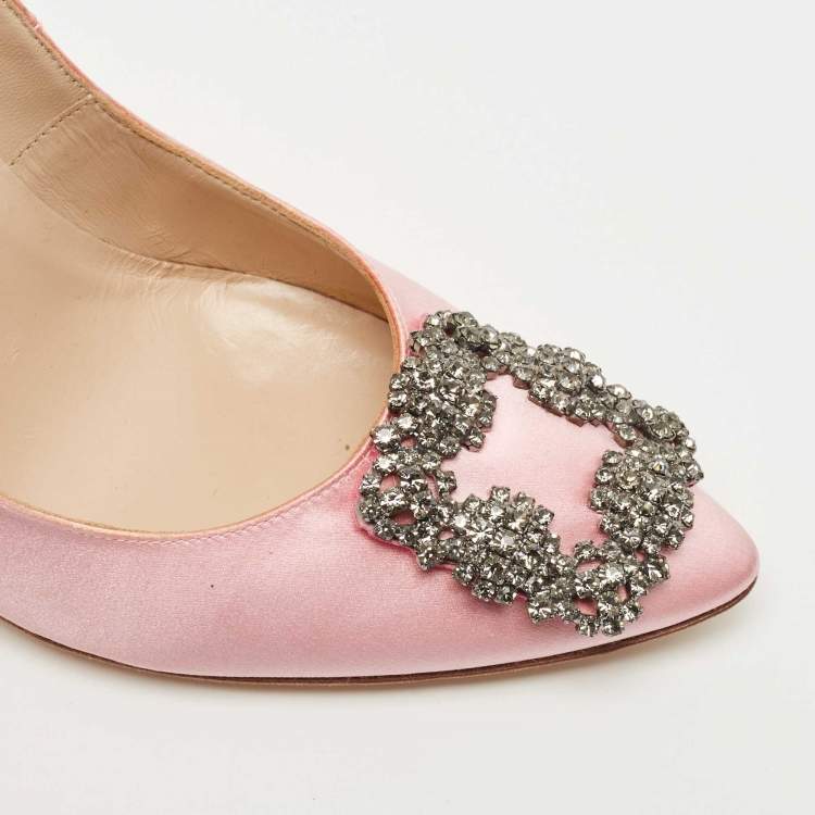 Pre Owned Manolo Blahnik Pink Satin Hangisi Crystal Embellished Pointed Toe Pumps Size 38