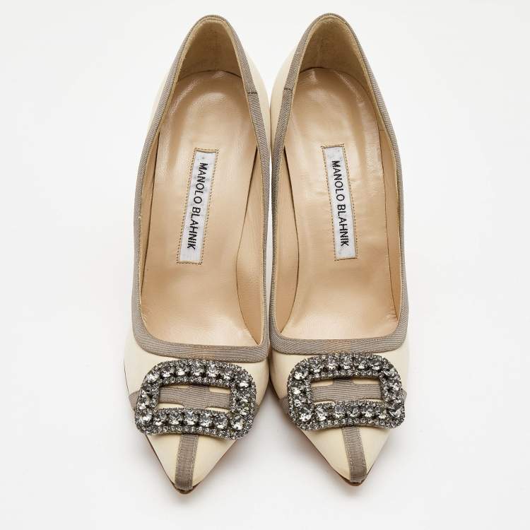Pre Owned Manolo Blahnik Creme Fabric Gotrian Crystals Embellished Pumps Size 38