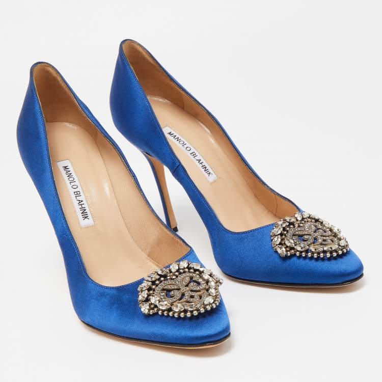 Pre Owned Manolo Blahnik Blue Satin Okkato Pumps Size 39.5