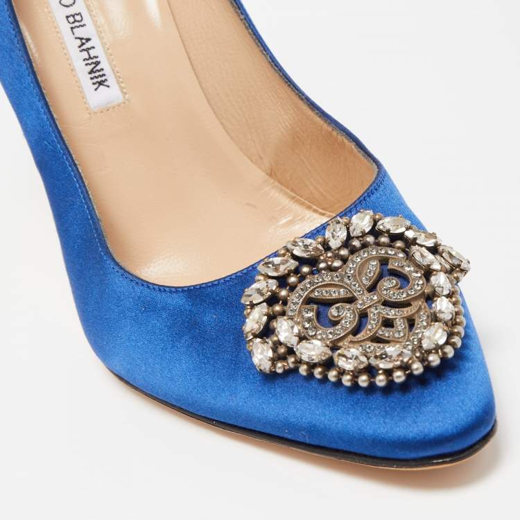 Pre Owned Manolo Blahnik Blue Satin Okkato Pumps Size 39.5