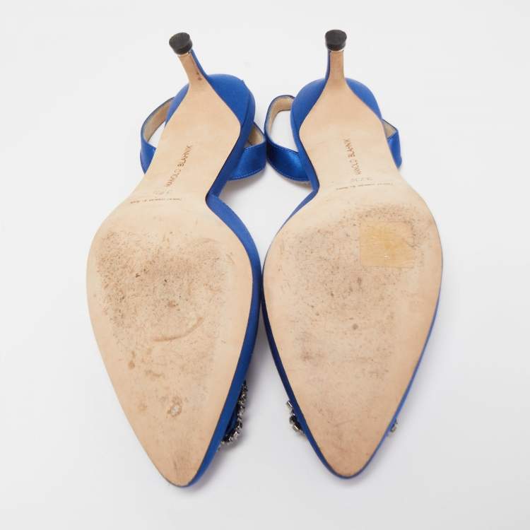 Pre Owned Manolo Blahnik Blue Satin Hangisi Slingback Pumps Size 37.5