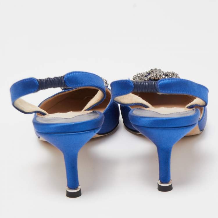 Pre Owned Manolo Blahnik Blue Satin Hangisi Slingback Pumps Size 37.5
