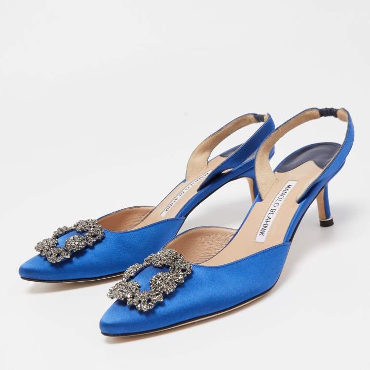 Pre Owned Manolo Blahnik Blue Satin Hangisi Slingback Pumps Size 37.5