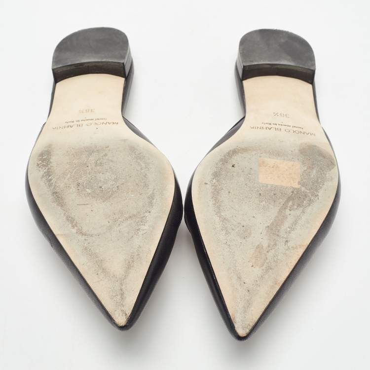 Pre Owned Manolo Blahnik Black Leather Camparimu Flat Mules Size 38.5