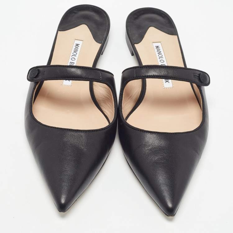 Pre Owned Manolo Blahnik Black Leather Camparimu Flat Mules Size 38.5
