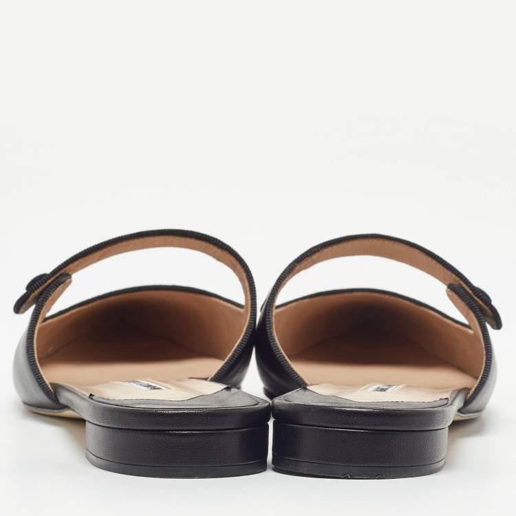 Pre Owned Manolo Blahnik Black Leather Camparimu Flat Mules Size 38.5