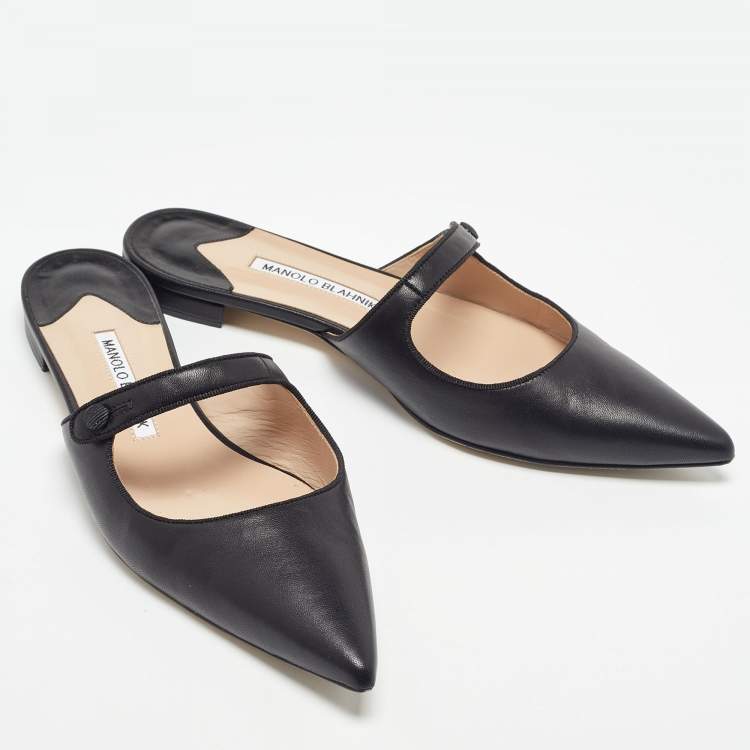 Pre Owned Manolo Blahnik Black Leather Camparimu Flat Mules Size 38.5