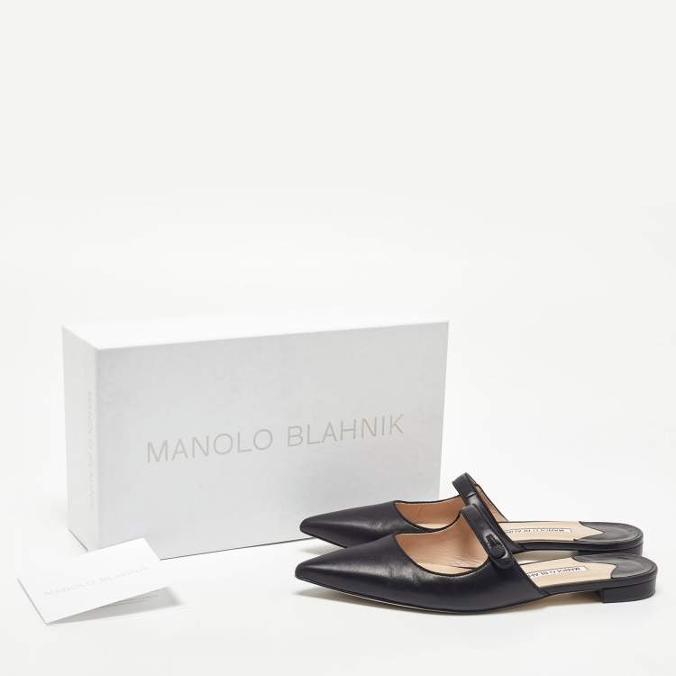 Pre Owned Manolo Blahnik Black Leather Camparimu Flat Mules Size 38.5