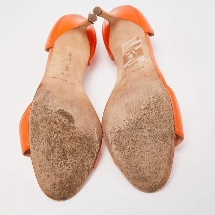 Pre Owned Manolo Blahnik Orange Leather Chaos Slide Sandals Size 37.5