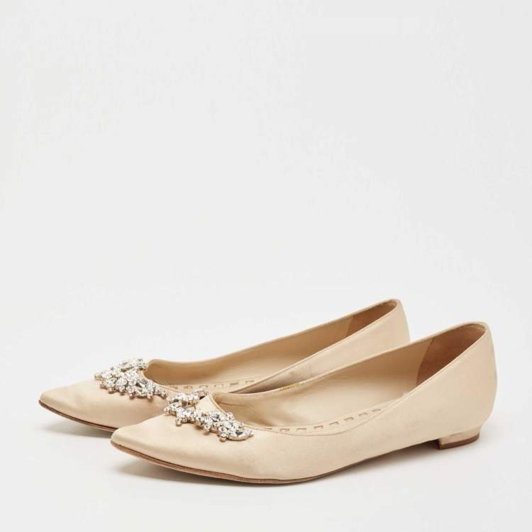 Pre Owned Manolo Blahnik Beige Satin Lurum Ballet Flats Size 37