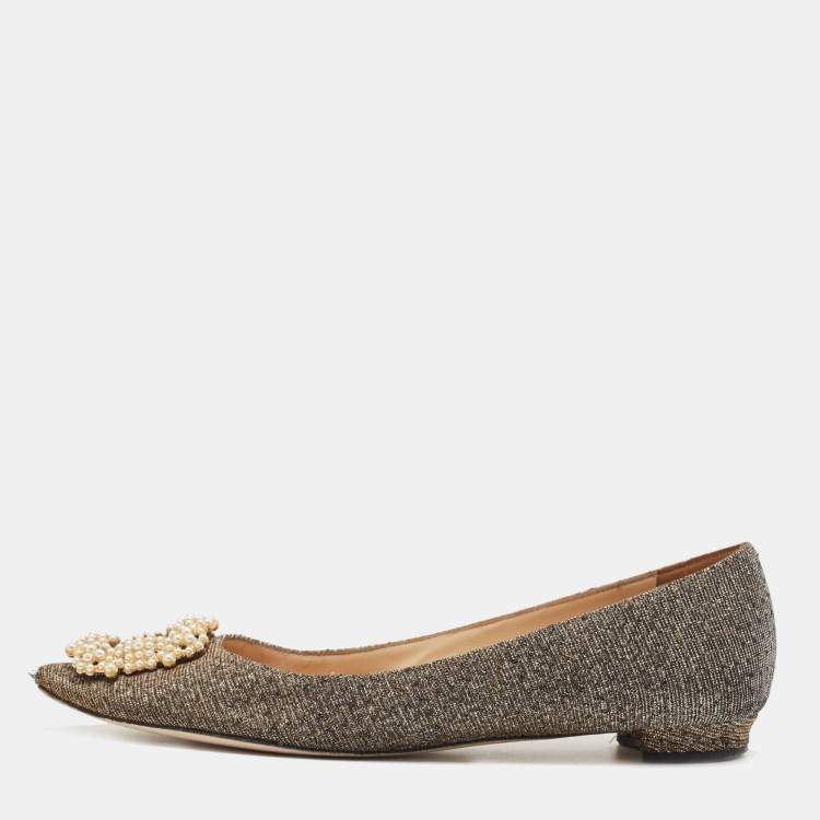 Pre Owned Manolo Blahnik Metallic Glitter Fabric Hangisi Crystal Embellished Ballet Flats Size 39