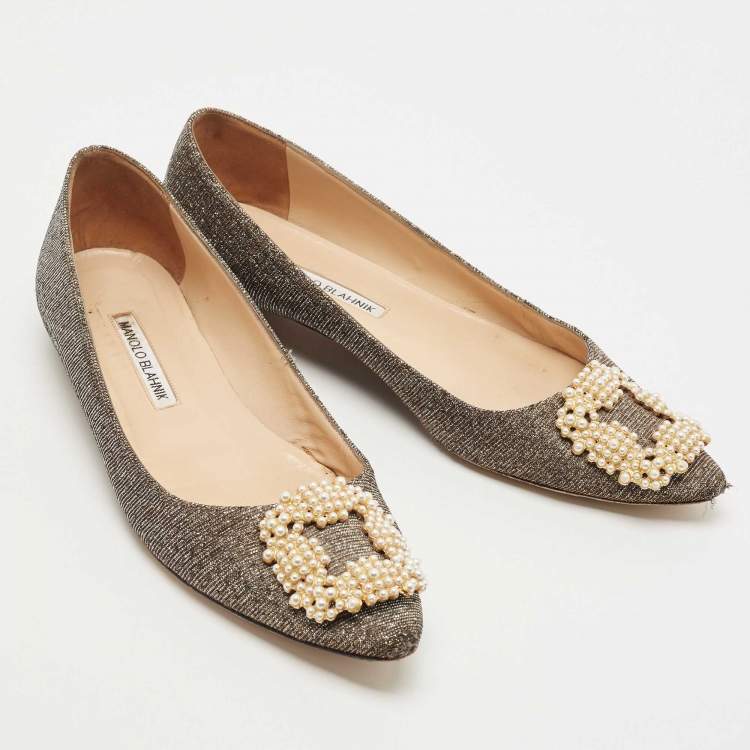 Pre Owned Manolo Blahnik Metallic Glitter Fabric Hangisi Crystal Embellished Ballet Flats Size 39