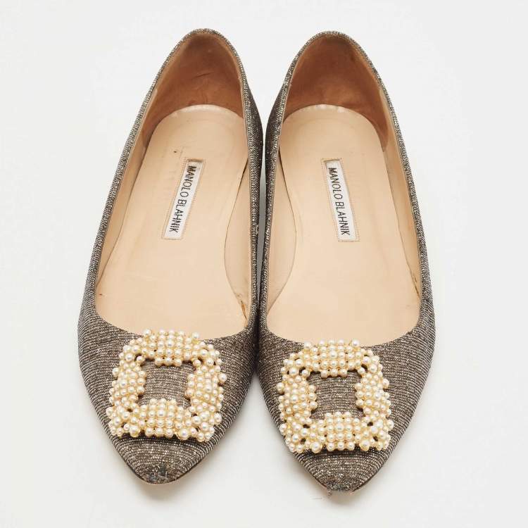 Pre Owned Manolo Blahnik Metallic Glitter Fabric Hangisi Crystal Embellished Ballet Flats Size 39