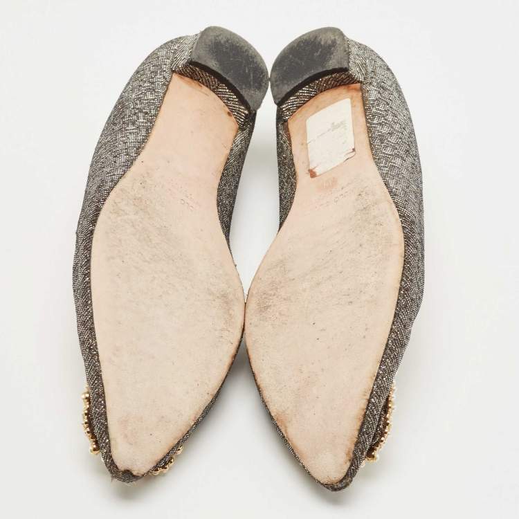 Pre Owned Manolo Blahnik Metallic Glitter Fabric Hangisi Crystal Embellished Ballet Flats Size 39
