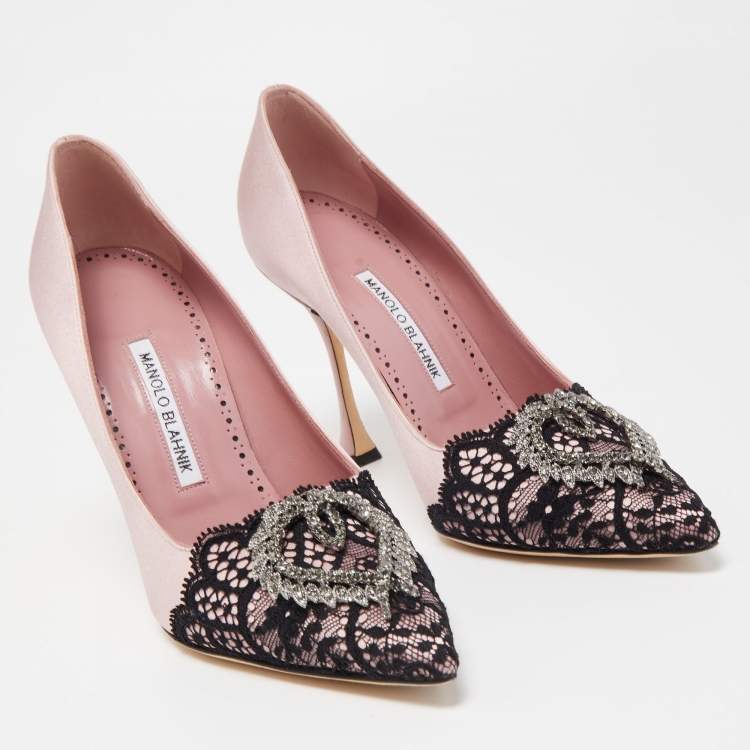 Pre Owned Manolo Blahnik Pink/Black Satin and Lace Gerontiushi Pumps Size 39