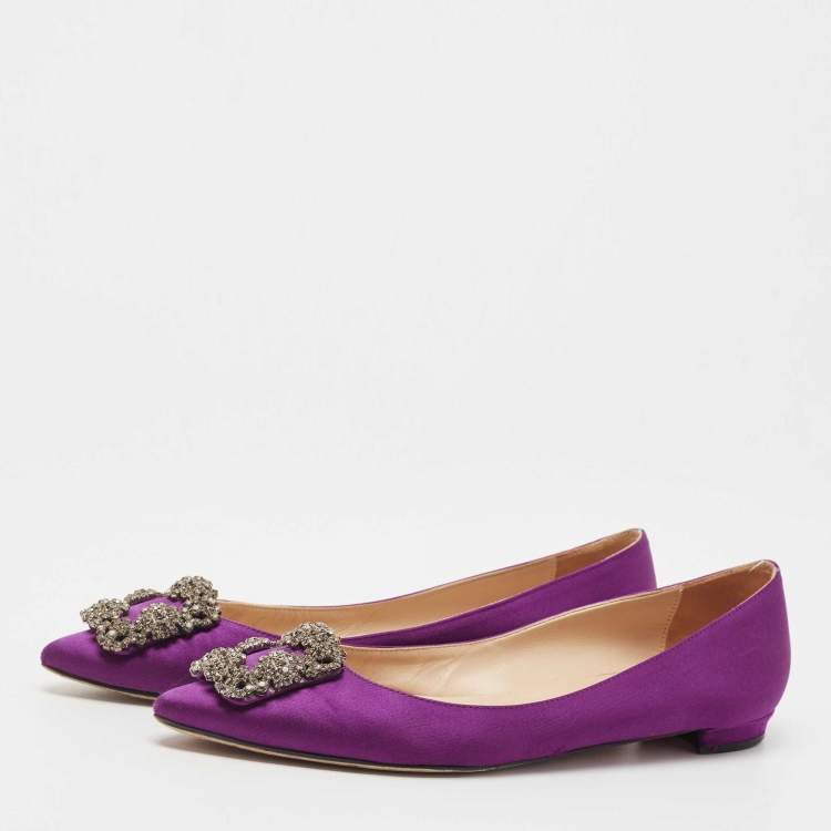 Pre Owned Manolo Blahnik Purple Satin Hangisi Ballet Flats Size 37.5