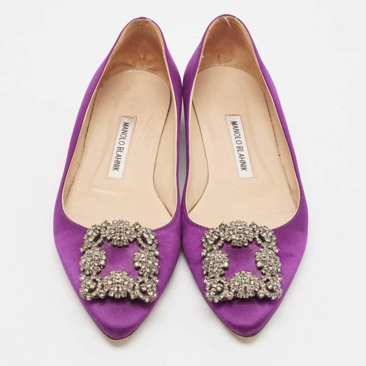 Pre Owned Manolo Blahnik Purple Satin Hangisi Ballet Flats Size 37.5