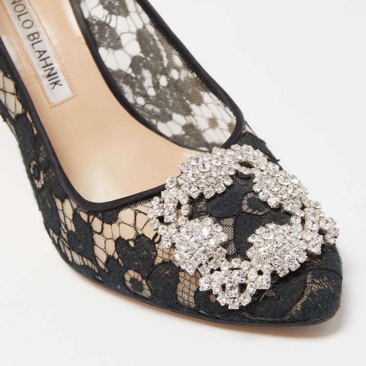 Pre Owned Manolo Blahnik Black Lace And Mesh Hangisi Pumps Size 37
