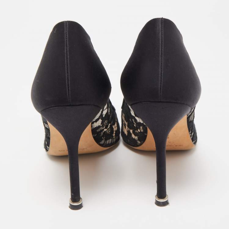 Pre Owned Manolo Blahnik Black Lace And Mesh Hangisi Pumps Size 37