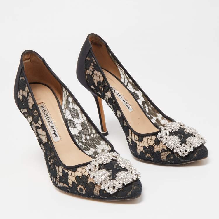 Pre Owned Manolo Blahnik Black Lace And Mesh Hangisi Pumps Size 37