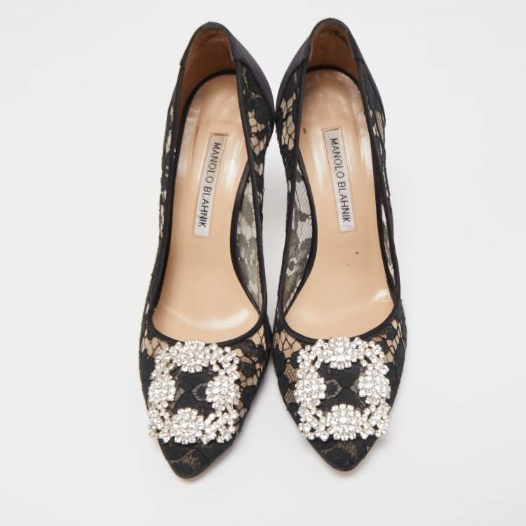 Pre Owned Manolo Blahnik Black Lace And Mesh Hangisi Pumps Size 37