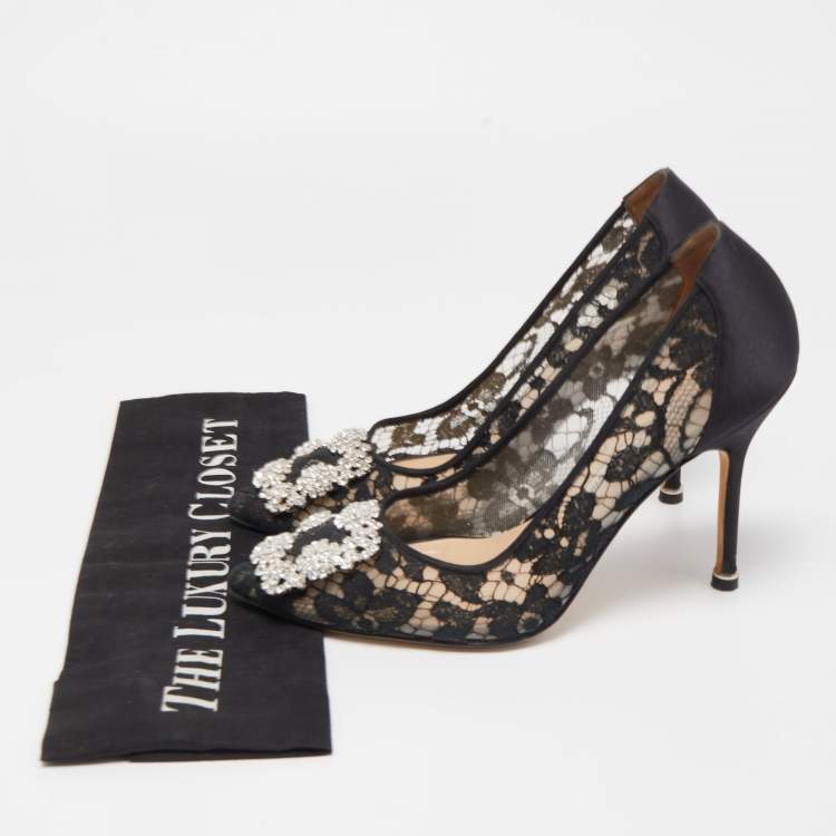 Pre Owned Manolo Blahnik Black Lace And Mesh Hangisi Pumps Size 37