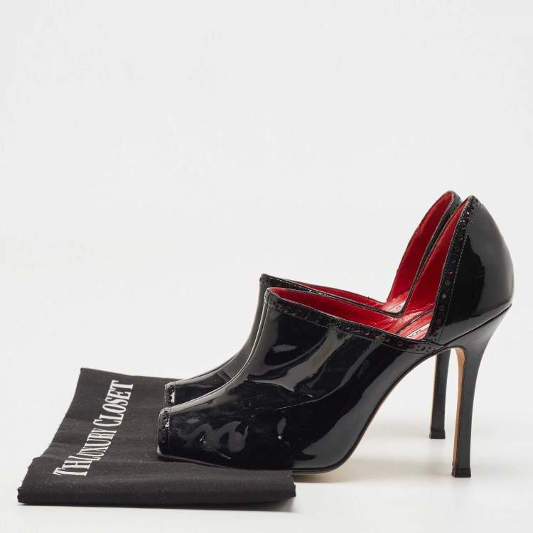 Pre Owned Manolo Blahnik Black Patent Leather Peep Toe Ankle Booties Size 38.5