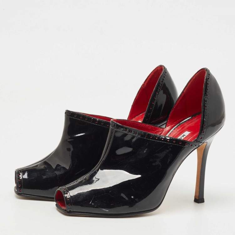 Pre Owned Manolo Blahnik Black Patent Leather Peep Toe Ankle Booties Size 38.5