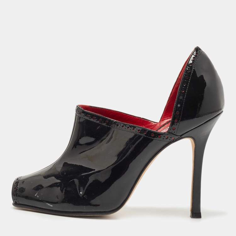 Pre Owned Manolo Blahnik Black Patent Leather Peep Toe Ankle Booties Size 38.5