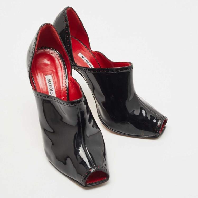 Pre Owned Manolo Blahnik Black Patent Leather Peep Toe Ankle Booties Size 38.5