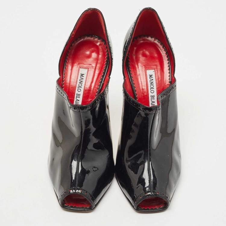 Pre Owned Manolo Blahnik Black Patent Leather Peep Toe Ankle Booties Size 38.5