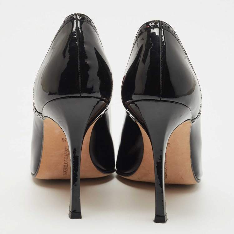 Pre Owned Manolo Blahnik Black Patent Leather Peep Toe Ankle Booties Size 38.5