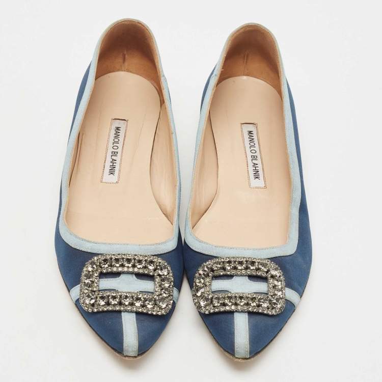 Pre Owned Manolo Blahnik Blue Satin Gotrian Crystal Embellished Pointed Toe Ballet Flats Size 40.5